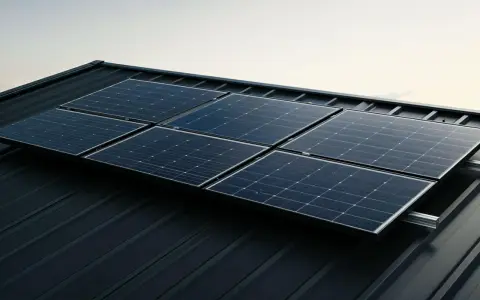 Sju solpaneler, var och en med en storlek på solpanel 400w, monterade på ett mörkt plåttak.