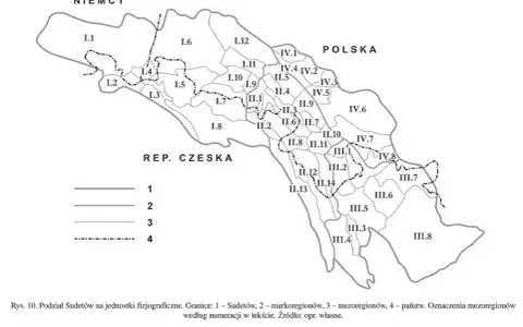 Podział gór w Polsce: mapa Sudetów z zaznaczonymi mezoregionami i granicami państwowymi.