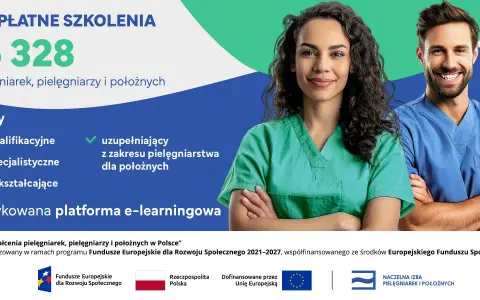 Dwie uśmiechnięte osoby w strojach medycznych, promujące bezpłatny kurs zawodowy dla pielęgniarek i położnych.