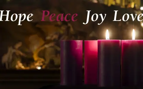 Three lit candles, representing the second week of Advent, glow with "Hope, Peace, Joy, Love" in elegant script.