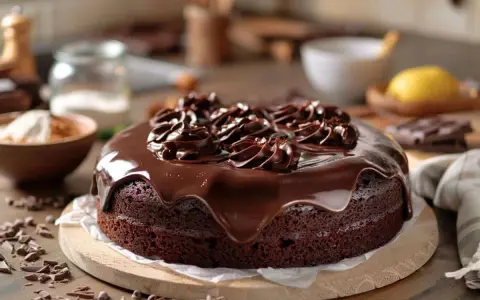 Gâteau yaourt chocolat onctueux, nappé de glaçage brillant et décoré de rosettes de chocolat. Un délice gourmand !