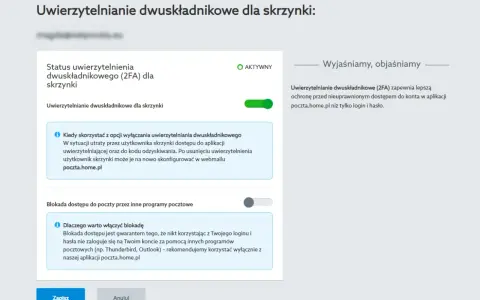 Ustawienia uwierzytelniania dwuskładnikowego (2FA) dla skrzynki pocztowej. Aktywna ochrona konta.