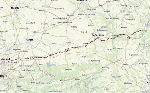 Die Karte zeigt eine Route von Dortmund über Paderborn nach Kassel, die ein Jakobspilger nehmen könnte.