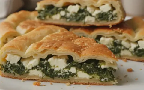 Pyszny borek ze szpinakiem i serem feta, posypany sezamem, prezentuje się apetycznie na białym talerzu.