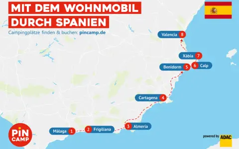 Reise mit dem Wohnmobil durch Spanien: Route von Málaga über Almería, Cartagena, Benidorm, Xàbia bis Valencia. Campingplätze finden auf pincamp.de.