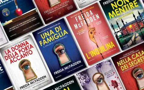 Copertine di thriller di Freida McFadden: "Una di famiglia", "L'inquilina", "Nella casa dei segreti" e altri.