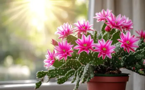 Un cactus de Noël en pleine floraison rose vif, baigné de soleil. Un bel exemple de cactus de Noël entretien réussi.