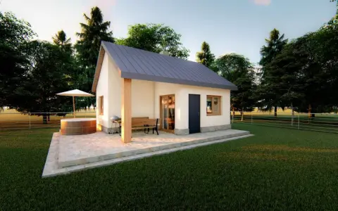 Nowy domek murowany 35m2. Koszt budowy takiego przytulnego domu z bali i jacuzzi na tarasie jest niższy niż myślisz.