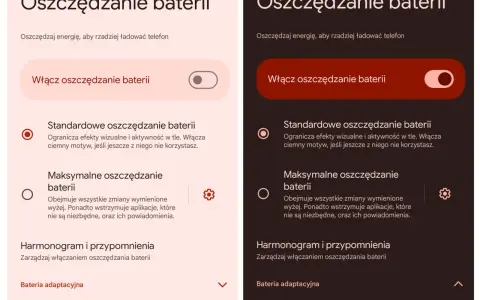 Dwa ekrany telefonu z opcjami oszczędzania baterii. Po lewej jasny motyw, po prawej ciemny. Oba pokazują włączony tryb oszczędzania energii.