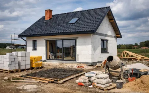 Budowa domu w toku: bloczki, cement, zbrojenie i betoniarka. Zastanawiasz się, ile kosztuje pozwolenie na budowę?