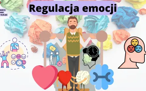 Ilustracja pokazuje, jak emocje wpływają na życie człowieka, od radości do smutku. Centralna postać medytuje, otoczona symbolami emocji i procesów umysłowych.