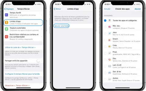 Trois écrans d'iPhone montrant les réglages de l'application "Temps d'écran", permettant de gérer les limites d'utilisation des applications.