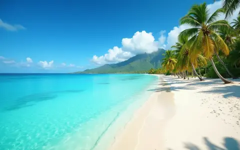 Rajska plaża z palmami i turkusową wodą. Idealna pogoda na Mauritius w listopadzie, słońce i błękitne niebo.