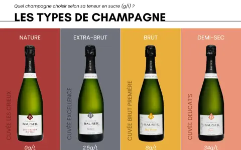 Comment reconnaitre un bon champagne : quatre bouteilles Bausser, de Nature à Demi-Sec, illustrent les types de champagne selon leur teneur en sucre.