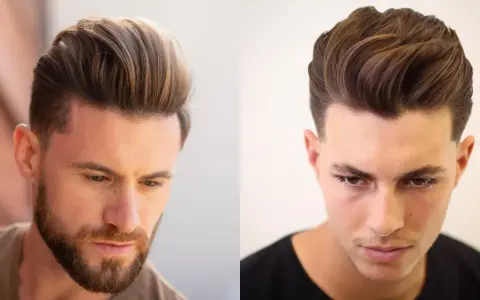 Dwóch mężczyzn z modną fryzurą quiff. Włosy zaczesane do góry i na bok, z wyraźnym przedziałkiem.