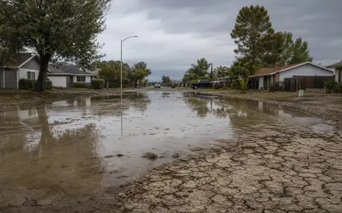 Rue résidentielle inondée, avec des maisons et des voitures. Le sol craquelé suggère une sécheresse suivie d'une forte pluie. Suis-je en zone inondable ?