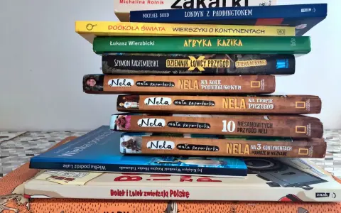 Stos książek podróżniczych top 10: "Afryka Kazika", "Dookoła świata", "Nela na 3 kontynentach" i inne.