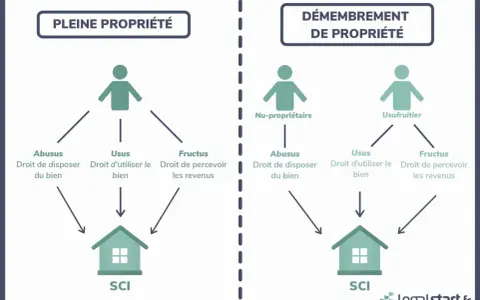 Schéma comparant pleine propriété et démembrement. La nue propriété est séparée de l'usufruit, chacun ayant des droits distincts sur le bien.