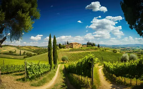 Un incantevole panorama toscano con vigneti rigogliosi, cipressi slanciati e una casa colonica in pietra. Un invito a una **ruta por la Toscana** indimenticabile.