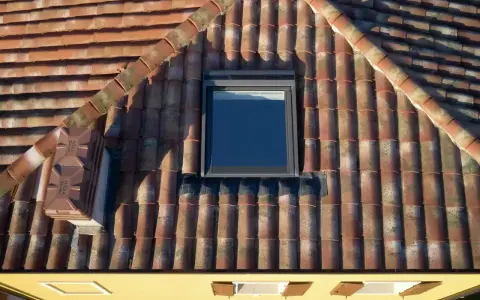 Un tetto in tegole rosse, con una finestra da tetto moderna e un comignolo. Le tegole mostrano segni del tempo, con muschio e licheni che aggiungono carattere.
