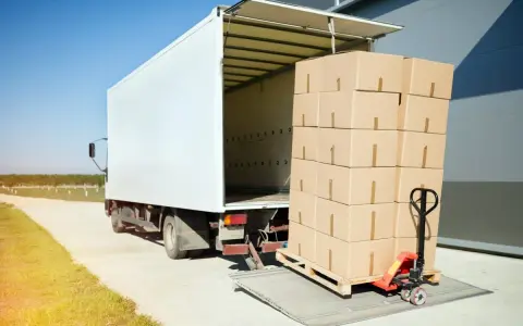 Stos kartonów na palecie, gotowy do załadunku do białej ciężarówki. Ubezpieczenia cargo chronią takie przesyłki.