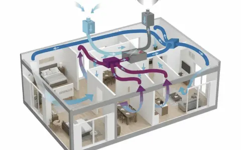 Schema che illustra vmc come funziona: aria fresca immessa (blu) e aria viziata estratta (viola) in un appartamento, con unità centralizzata.
