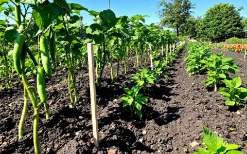 Légumes en rangs, poivrons verts pendant. Idéal pour savoir quels légumes planter en juillet août.
