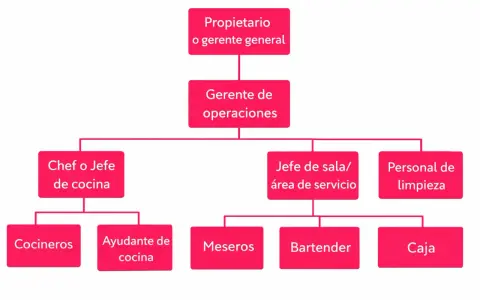 Organigrama de un restaurante: Propietario, Gerente de operaciones, Chef, Jefe de sala, Personal de limpieza, Cocineros, Ayudante de cocina, Meseros, Bartender y Caja.