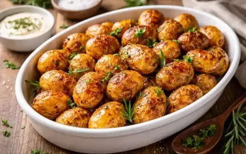 Pommes de terre grenaille dorées et croustillantes, préparées à l'airfryer, garnies d'herbes fraîches.