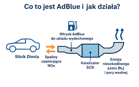 Schema che illustra cos'è AdBlue: iniezione nel sistema di scarico, catalizzatore SCR e emissioni innocue di azoto e vapore acqueo.