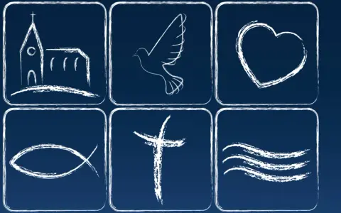 Sechs Symbole: Kirche, Taube, Herz, Fisch, Kreuz und Wellen. Sie repräsentieren das glaubensbekenntnis evangelisch.