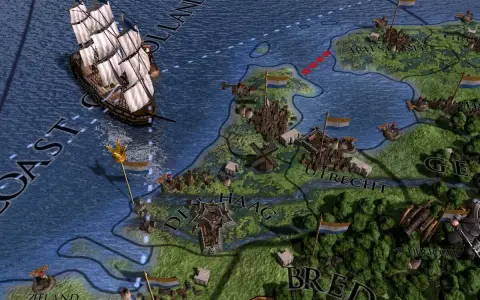 Un barco navega cerca de la costa de Holanda en Europa Universalis IV. ¡Descubre trucos para conquistar Europa!
