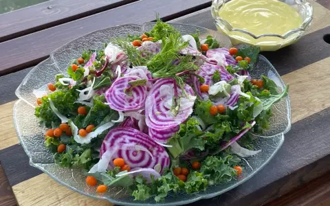 En färgglad sallad med rödbetor, grönkål och havtorn, perfekt som en frisk sallad till julbordet.
