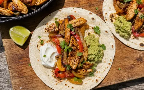 Två läckra fajitas med kyckling, paprika, lök, guacamole och gräddfil. Ett perfekt fajitas recept för en härlig middag.