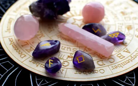 Kamienie z runami, w tym symbol przypominający kobietę skorpiona, leżą na drewnianej tarczy z miesiącami i znakami zodiaku.
