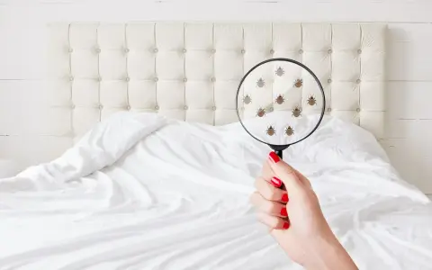 Una mano con uñas rojas sostiene una lupa sobre una cama, mostrando **pulgas en la cama síntomas** de infestación.