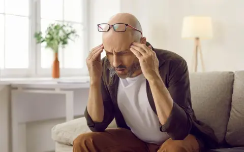 Mężczyzna z bólem głowy, być może objawem problemów z neuropsychologią, siedzi na kanapie, masując skronie.