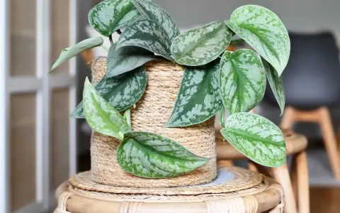 Scindapsus pictus 'Exotica' w plecionym koszu, z charakterystycznymi, srebrzystymi plamami na liściach. Różne odmiany scindapsusa zachwycają wzorami.