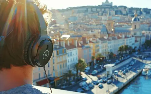 Personne avec des écouteurs, profitant de la musique persane face à une ville ensoleillée.