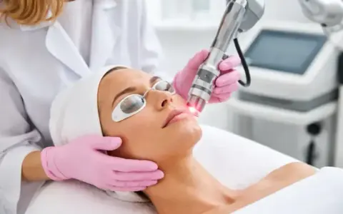 Donna riceve un trattamento laser co2 per il viso, protetta da occhiali speciali.