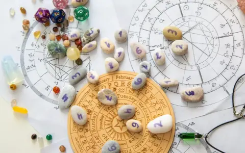 Kamienie z numerami, kostki do gry i talizmany na tle wykresów astrologicznych. Wibracja dnia 5 jest widoczna na jednym z kamieni.