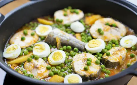 Merluza con guisantes y huevos duros en una sartén. Un plato casero y reconfortante.