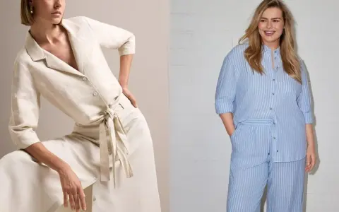Zwei Frauen in Leinen-Outfits. Leinen vorteile: atmungsaktiv, kühlend. Nachteile: knittert leicht.