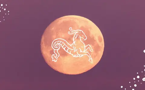 Pomarańczowy księżyc w Koziorożcu, ozdobiony białym symbolem zodiaku.