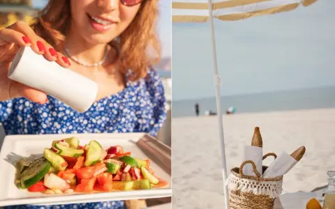 Letnia sałatka i bagietki w koszyku to idealne przekąski na plażę. Słońce, morze i pyszne jedzenie.