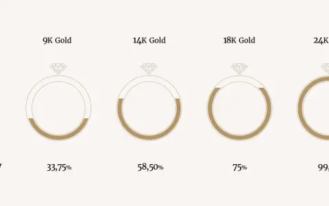 Grafico che illustra la purezza dell'oro per diversi carati: 9K (33,75%), 14K (58,50%), 18K (75%), 24K (99,99%).
