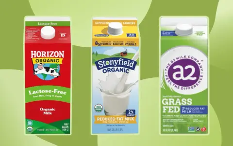 Trzy kartony mleka: Horizon Organic Lactose-Free, Stonyfield Organic Reduced Fat i A2 Milk Company Grass Fed. Które mleko jest najzdrowsze?