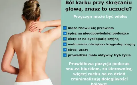 Kobieta masuje bolący kark, który może być efektem skręcenia. Wskazówki dotyczące przyczyn i profilaktyki bólu szyi.