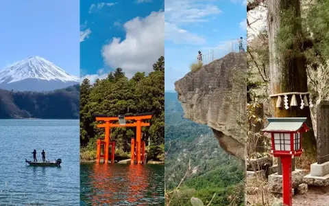 Piękne Japonia widoki: góra Fudżi, czerwona brama torii w wodzie, skalny taras widokowy i latarnia przy drzewie.