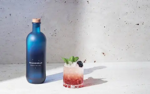 En blå flaska Skagerrak Nordic Dry Gin bredvid en läcker bramble drink med björnbär och mynta.
